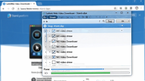 Sothink Web Video Downloader Stand-alone软件界面特写，显示正在嗅探网页中的视频流，列表中出现多个清晰度选项，旁边有下载进度条，背景是模糊的浏览器窗口，色彩以蓝色和白色为主，科技感十足，画面细节丰富