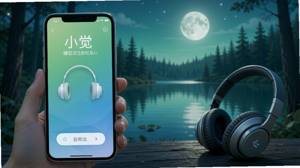 小觉定睡前放松功能，手机播放白噪音界面，背景为宁静的森林湖泊，耳机与月光元素，绿色与蓝色渐变色调，营造安宁氛围