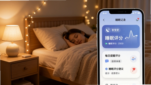 小觉定软件主界面，展示睡眠记录图表与每日提醒卡片，背景为温馨的卧室场景，暖色调灯光，手机屏幕中显示睡眠评分与建议，整体风格简洁现代，突出健康睡眠主题