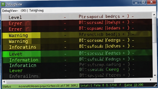 DebugView日志高亮显示效果预览图，日志列表按级别显示不同颜色，错误红色、警告黄色、信息绿色，窗口底部有状态栏显示统计信息