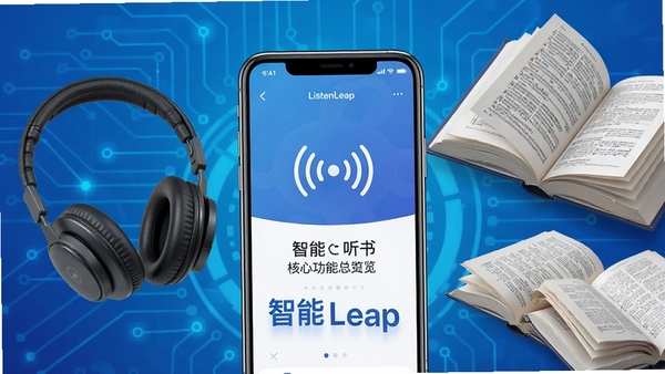 ListenLeap 核心功能总览预览图，画面中央为手机界面展示，周围环绕耳机与书本元素，背景为渐变的蓝色科技感风格，突出智能听书与语音朗读主题