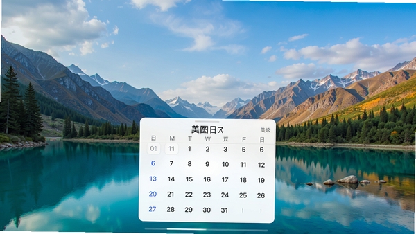 美图日历主界面预览图，展示精美的风景壁纸背景与清晰简洁的日历控件，画面风格清新自然，整体布局协调，壁纸占据主要视觉区域，日历模块悬浮于画面中央偏下位置，色彩明亮，细节丰富，适合作为软件宣传主图使用