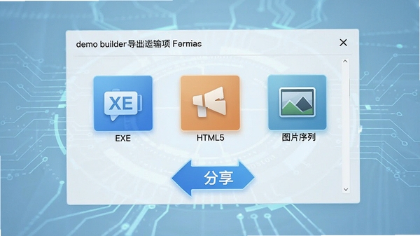 demo builder导出选项设置界面，显示EXE、HTML5、图片序列等多种输出格式图标，背景为淡蓝色科技感氛围，突出分享的便捷性
