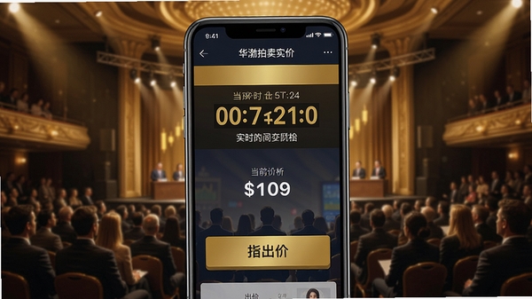 华渤拍卖实时竞价界面截图风格图片，展示手机屏幕上有拍卖倒计时、当前价格和出价按钮，背景模拟拍卖会现场氛围，金色与深色搭配，体现专业与紧张感，突出实时同步功能