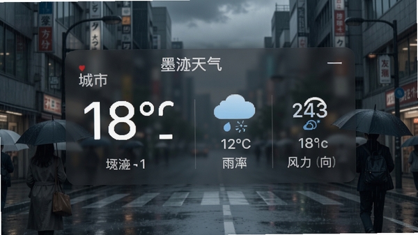 墨迹天气实时预报功能展示,画面显示城市当前温度、降雨概率和风力风向,背景为阴雨天气,街道上有行人撑伞,界面数据清晰可见