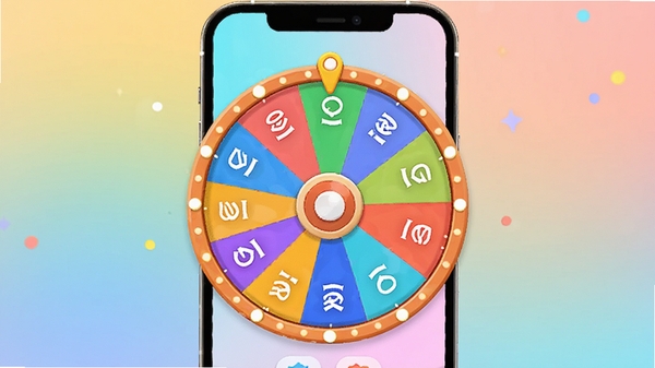 帮我做决定软件主界面预览图,画面中央有一个色彩鲜艳的转盘,转盘上有多个选项标签,背景为手机屏幕与柔和渐变底色,整体风格活泼明快,突出决策工具的趣味性与便捷性