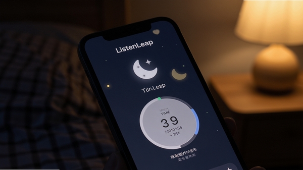 ListenLeap 夜间模式与定时关闭功能预览图，画面为暗色背景下的手机界面，显示定时器与月亮图标，周围柔和灯光氛围，突出助眠与省电特性