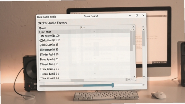 Okoker Audio Factory批量转换界面，队列列表，进度条，背景为简约电脑桌面，色调温和
