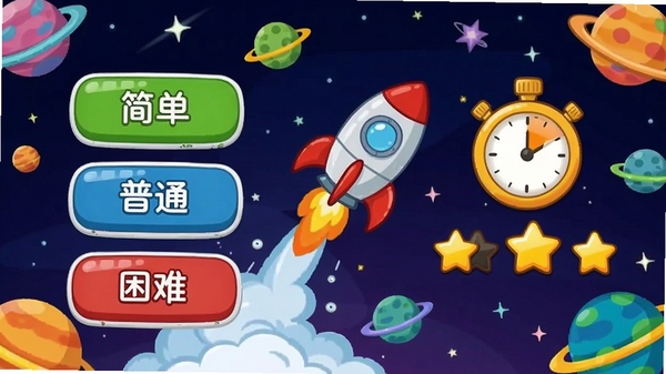 宝宝学分类-宝宝巴士 难度升级界面,左侧有“简单”“普通”“困难”三个难度选项,右侧有计时器和星星评分,背景是宇宙星空,卡通火箭和星球装饰,画面活泼