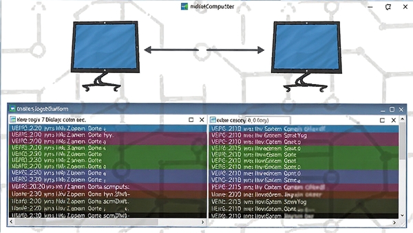 DebugView远程监控功能示意图，显示本地和远程计算机连接状态，日志窗口混合显示来自不同主机的调试信息，用不同颜色区分，界面布局清晰