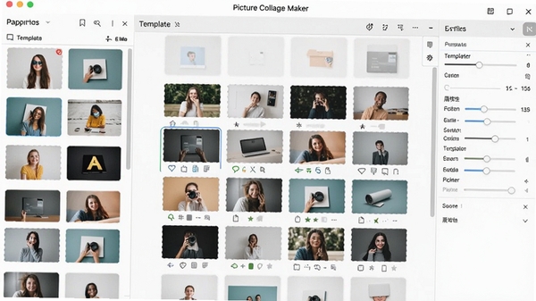 Picture Collage Maker软件主界面预览图，展示其拖拽式操作面板与丰富的模板库缩略图，界面明亮清晰，布局合理，左侧素材区、中间编辑区、右侧属性调节区，整体风格现代简洁