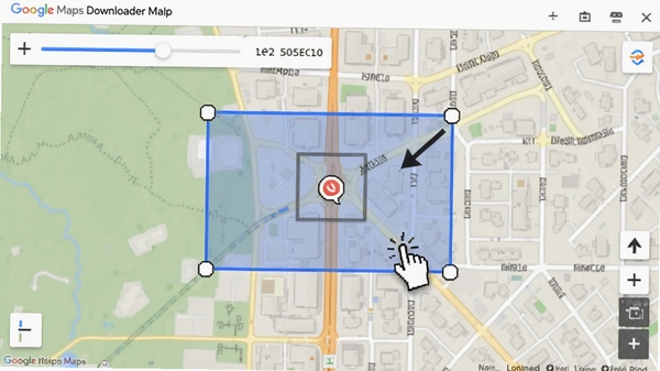 Google Maps Downloader地图区域框选操作演示，鼠标拖拽出蓝色矩形选框，界面显示缩放级别滑块与坐标数值，背景为街道地图，软件界面清晰，操作指示醒目