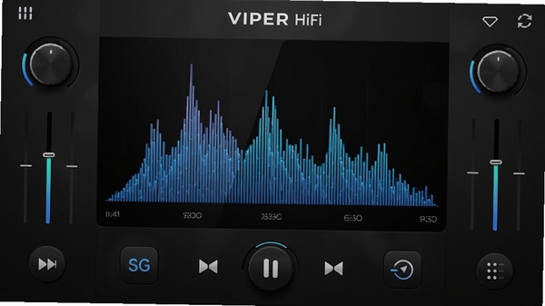 VIPER HiFi音乐播放器主界面，深色背景，中间是音频可视化频谱，四周环绕着均衡器旋钮和音效模式图标，整体风格科技感十足，高清渲染