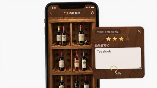 有瓶酒APP个人酒藏管理界面,手机界面中展示一个虚拟酒架,上面摆放着各种酒瓶缩略图,点击某个酒瓶弹出品鉴笔记编辑框,包含评分星级与文字输入区域,背景为木质酒架纹理,界面风格温馨细腻,体现管理功能