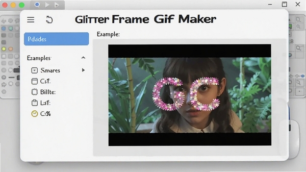 Glitter Frame Gif Maker软件主界面预览图,展示简洁的工具面板和示例GIF动图效果,背景为浅灰色工作台,突出软件名称与功能模块分布