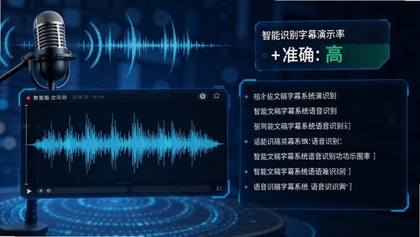 智能文稿字幕系统语音识别功能演示图,画面中显示正在处理的一段音频波形,右侧实时生成字幕文本,识别准确率标注为高,背景有麦克风与声波图形,整体科技感强,色调明亮,突出智能识别主题