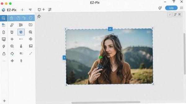 EZ-Pix 软件主界面预览图,展示其整洁的工具布局和一张示例图片编辑状态,现代简约风格,界面元素清晰,色彩明亮,背景为浅灰色工作区