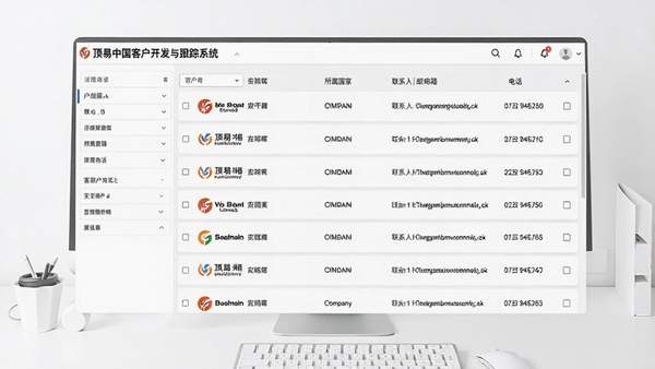 顶易中国客户开发与跟踪系统的全球客户数据检索界面，左侧为筛选条件面板，右侧展示详细的客户列表，包含公司Logo、名称、所属国家、联系人邮箱与电话等字段，背景为干净明亮的白色工作台，数据卡片排列整齐