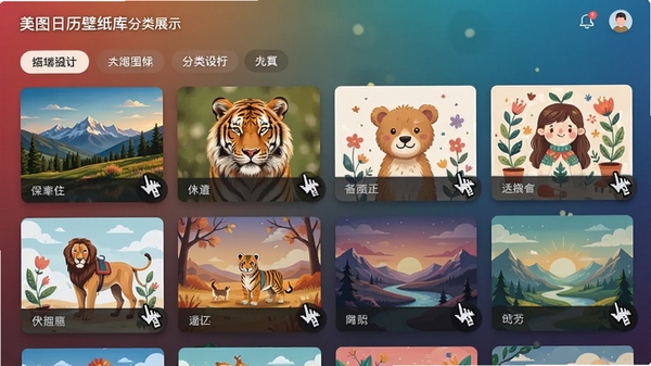 美图日历壁纸库分类展示界面效果图，呈现网格状壁纸缩略图预览，包含风景、动物、插画等多个分类标签，界面设计现代化，缩略图排列整齐，鼠标悬停效果清晰可见，整体画面色彩丰富且富有吸引力