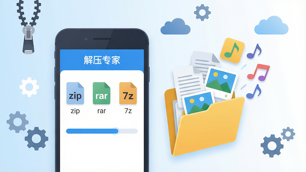 一款名为解压专家的安卓手机万能解压工具宣传图,画面主体位于中央偏左,一台深空灰色智能手机竖立放置,屏幕中展示解压专家蓝白配色的主界面,界面上排列着zip、rar、7z格式的压缩包图标与蓝色解压进度条,手机右侧一个打开的黄色文件夹正飞出文档、图片、音符等彩色图标,背景为浅蓝到白的柔和科技风渐变,点缀拉链、齿轮、云朵等扁平元素,主体坐标居中,背景区域留白充足,整体为现代扁平插画风格,光影柔和细腻