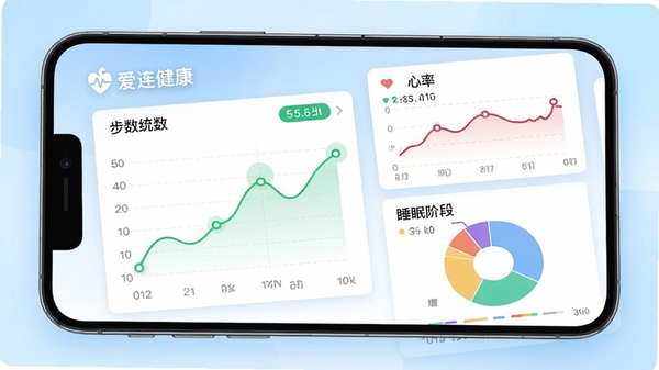 爱连健康健康数据追踪功能界面截图，展示步数统计折线图、心率曲线和睡眠阶段饼图，手机界面占画面主体，背景为淡蓝色渐变，搭配简洁的白色卡片和绿色数据点，文字标注