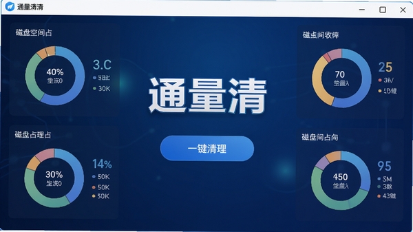 通量清软件主界面截图,展示简洁的仪表盘风格,中央显示一键清理按钮,四周分布磁盘空间占用环形图,背景为干净的深蓝色渐变,画面主体突出软件名称通量清字样,风格现代科技感