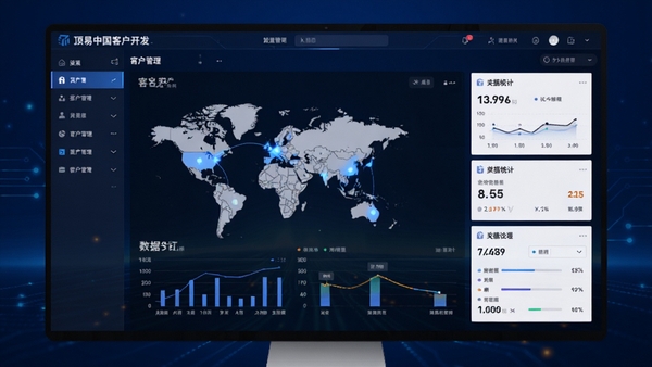 顶易中国客户开发与跟踪系统主界面预览图，展示其客户管理仪表盘、数据统计图表与搜索功能栏，整体界面风格现代简洁，布局清晰，背景为深蓝色科技感渐变，屏幕中央显示全球客户分布地图与关键数据看板