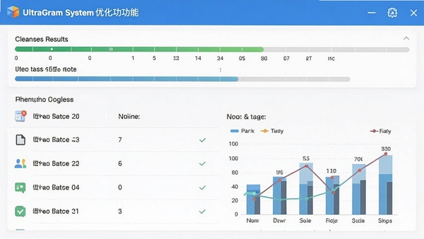 UltraGram系统优化功能界面截图，展示清理扫描结果和优化建议列表，界面带有进度条和数据分析图表。