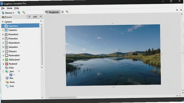 Graphics Converter Pro 主界面截图，展示了软件的整体布局，左侧为格式选择面板，右侧为图片预览区域，整体风格简洁明了，色彩搭配专业，背景为浅灰色调，突出软件核心功能。