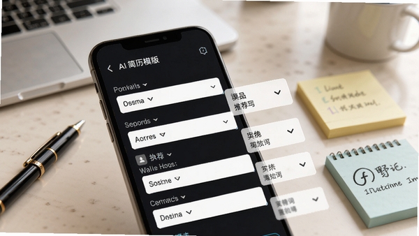 AI简历模版智能填写界面，手机屏幕显示表单字段，每个字段旁有推荐词汇下拉列表，背景为柔和的工作台场景，有笔和便签，整体氛围轻松，帮助用户快速完成填写