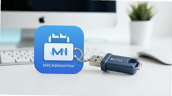 MACAddressView 便携版运行示意,软件图标与U盘组合,背景为简洁的桌面环境,强调免安装即开即用的特点,风格清爽明亮