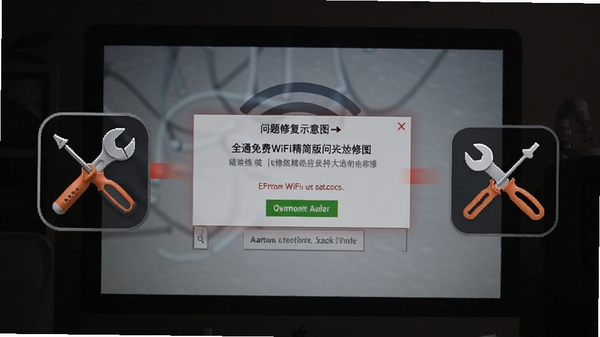 全通免费WiFi精简版问题修复示意图，画面展示电脑屏幕上的错误提示框，旁边有修复工具的图标，背景色调偏暗，突出故障与修复的对比，风格写实