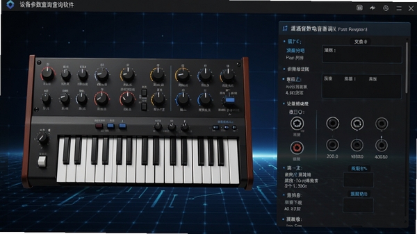 潇洒音频电音基调查询软件的设备参数查询界面,展示一款合成器的正面产品图及右侧详细参数列表,包括旋钮功能、接口说明,背景为深蓝色科技感网格,风格专业