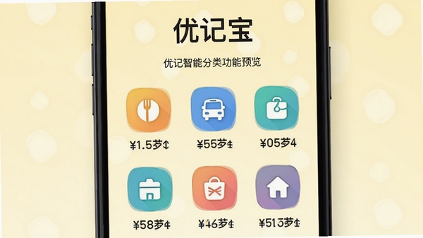 优记宝智能分类功能预览，手机界面展示多种彩色分类图标，如餐饮、交通、购物等，每个图标下方有对应金额，背景为淡黄色，画面干净明亮，突出“优记宝”品牌名称