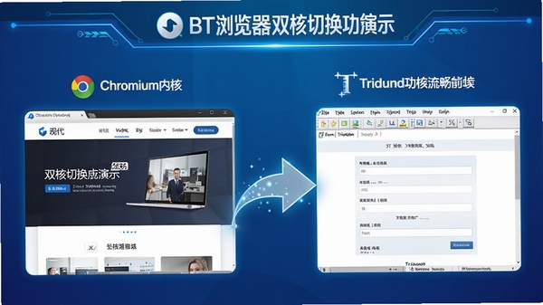 BT浏览器双核切换功能演示图,画面左侧为Chromium内核下的现代网页,右侧为Trident内核下的表单页面,中间用箭头连接,背景为渐变蓝色,突出切换流畅感,软件名称置于顶部,科技感风格
