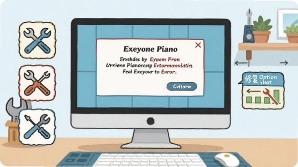 Exeyone Piano报错修复示意图，电脑屏幕显示错误对话框，旁边有工具图标与修复选项，背景为干净的工作台，插画风格，清晰易懂