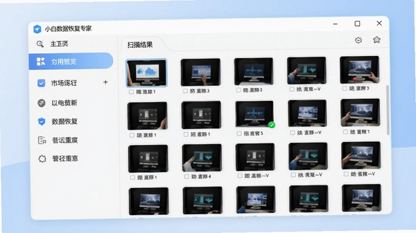 小白数据恢复专家主界面预览图,左侧功能列表清晰可见,右侧扫描结果以缩略图形式展示,背景为柔和的浅蓝色渐变,整体风格简洁明亮,突出软件易用性特点