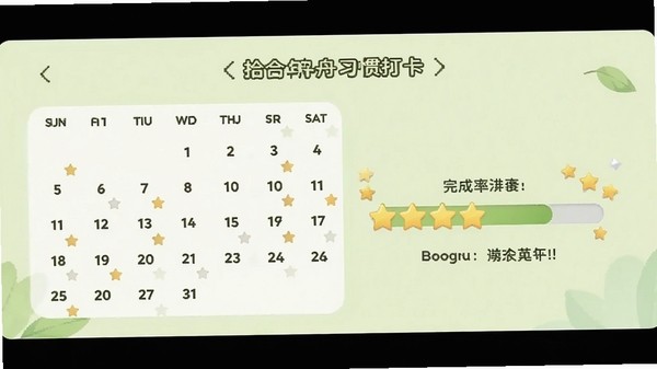 拾年舟习惯打卡界面，显示一周打卡日历和完成率进度条，有星星图标和鼓励标语，背景为浅绿色，清新自然，Boogu模型生成