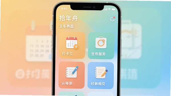 拾年舟应用主界面，展示生活服务功能卡片，背景为柔和渐变色，前景有日历、打卡、笔记等图标，整体风格清新简洁，适配手机竖屏展示，Boogu模型生成