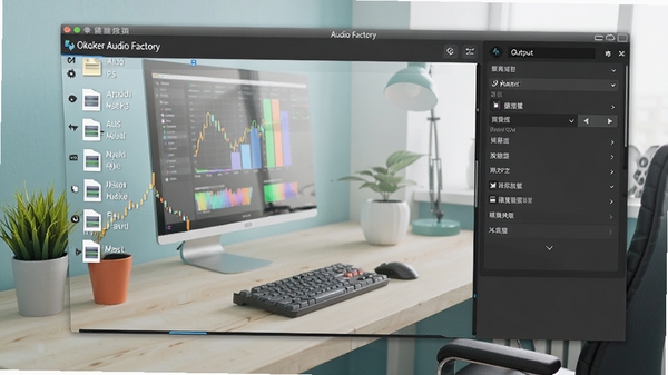 Okoker Audio Factory格式转换界面，文件列表显示多种音频格式，右侧输出设置面板，背景为现代办公桌，色彩明亮