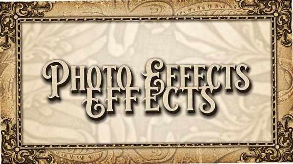 Photo Effects 文字与边框功能演示,照片中央添加了带有投影的艺术字标题,四周环绕着复古风格的边框纹理,整体效果美观且富有设计感。