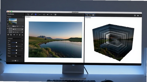 一款名为I3d photo的立体图像制作软件界面，屏幕中显示一张风景照片正在被转换为具有深度层次的3D模型，画面左侧有图层与参数调节面板，右侧预览窗口展示最终立体效果，整体环境为现代简洁的电脑桌面，背景有柔和的蓝色渐变光效，风格写实且专业
