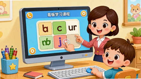 爱易课儿童版课程学习界面，画面中卡通老师正在讲解拼音字母，屏幕上有拖拽拼图互动元素，孩子角色在欢乐地点击操作，桌面电脑环境，色彩鲜艳，细节丰富