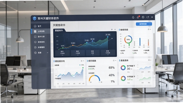 常州天健财务软件主界面预览图,展示简洁明了的导航栏与数据看板,背景为现代办公场景,画面主体突出软件功能布局,整体风格专业商务