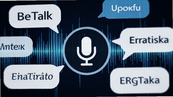 BeTalk语音转写功能特写，麦克风图标在屏幕中央，周围环绕多语言文字气泡，背景为动态声波图形，色调以科技蓝和白色为主