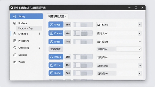 天使老板键自定义设置界面示意图，画面展示一个设置窗口，左侧是功能导航列表，右侧是快捷键设置区域，包含多个可自定义的按键选项和动作下拉菜单，界面布局清晰，逻辑严谨，背景为柔和的浅灰色，风格专业且便于理解