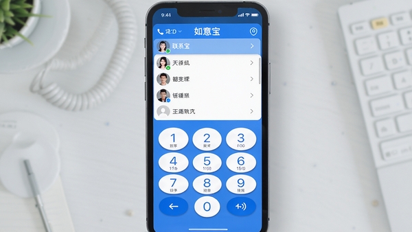 如意宝电话软件主界面预览图，画面中央是一个简洁的拨号键盘，上方显示联系人列表，整体采用蓝白配色，界面风格现代且清爽，背景为浅灰色桌面环境，图标清晰可见，突出软件的通话功能。