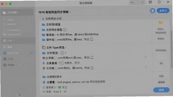 1616智能网盘同步策略设置界面截图,展示文件夹同步规则、文件类型筛选和去重选项,背景为柔和灰色调,突出功能细节