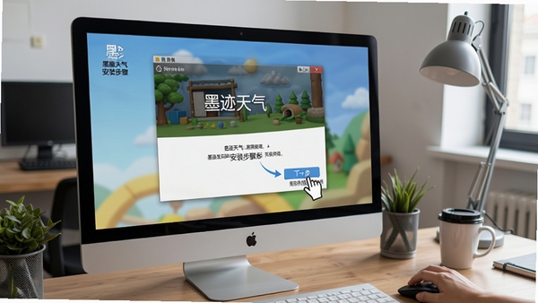 墨迹天气安装步骤示意图,画面展示电脑屏幕上的安装向导界面,鼠标点击“下一步”按钮,背景为办公桌面环境,风格写实清晰