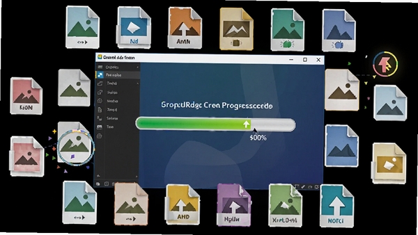 Graphics Converter Pro 格式转换功能演示图，画面展示多种图片格式图标环绕在软件界面周围，中心显示转换进度条，色彩鲜明，突显软件强大的格式兼容能力。
